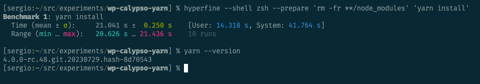 Results of running yarn (v4) install 10 times with hyperfine. Mean time is 21.041 s ±0.250 s