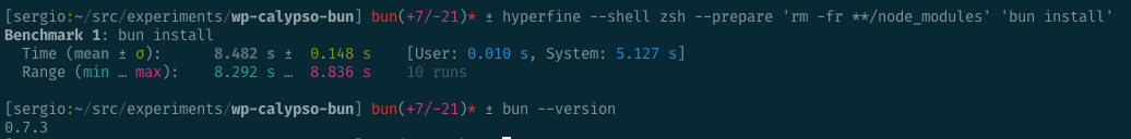 Results of running bun install 10 times with hyperfine and Bun 0.7.3. Mean time is 8.482 s ±0.148 s